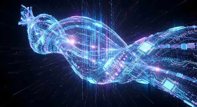 A glowing blue and purple digital data stream twists through a dark space with binary code