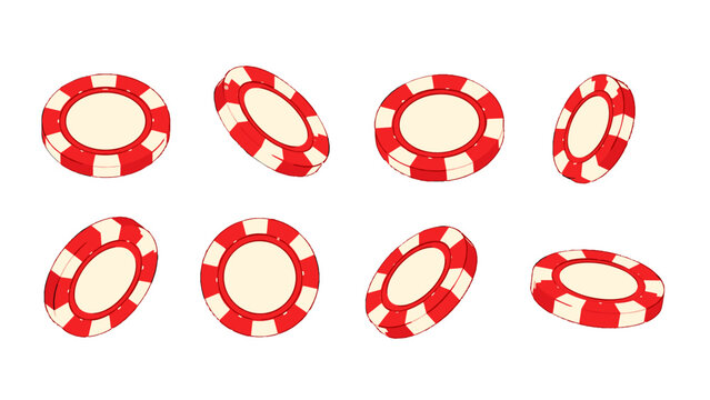 Set of red and white casino chips in different angles