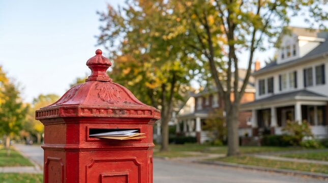 A classic red pillar box style mailbox with mail sticking out, set on a residential street with blurred houses and autumn trees in the background.
