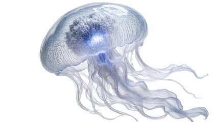 Isolated stunning translucent blue jellyfish displaying bioluminescent core and long flowing tentacles © Lucas