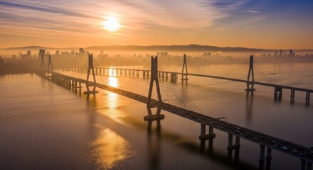 Obraz premium Sunset over a serene bridge landscape.