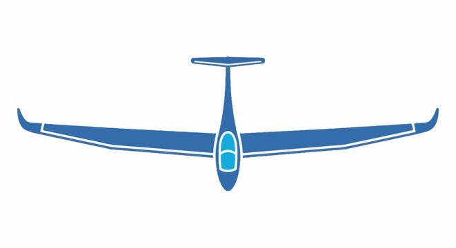 A simple, top-down graphic of a blue glider with white trim and a light blue cockpit