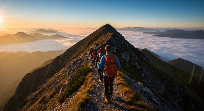 Hikers traverse a narrow mountain ridge above a stunning cloud inversion during a beautiful sunrise