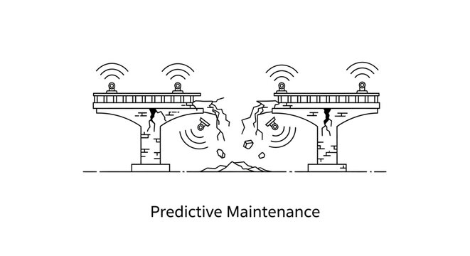 Conceptual line art illustration of a collapsed bridge with wireless sensors and predictive maintenance text.