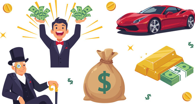 Successful Wealthy Man and Rich Billionaire Characters Vector Set with Luxury Red Sports Car, Money Sack, Gold Bars, and Cash Bundles.
