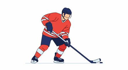 Fototapeta premium A stylized, flat illustration of a person playing ice hockey, wearing a red uniform and blue helmet, stick in hand, focused on the puck