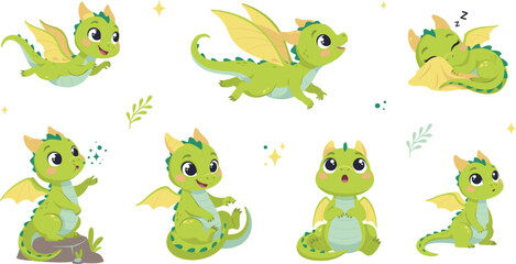 Obraz premium Cute Baby Green Dragon Cartoon Character Vector Set Featuring Mythical Dino Mascot Flying Sleeping Sitting and Posing with Magical Sparkles
