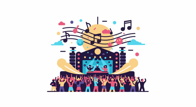 A vibrant music festival with a stage, DJs, dancing crowd, and musical notes