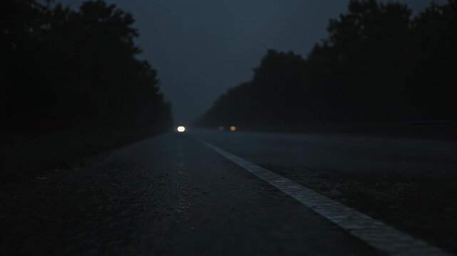 Night driving in heavy rain headlights illuminating stormy road and dark trees