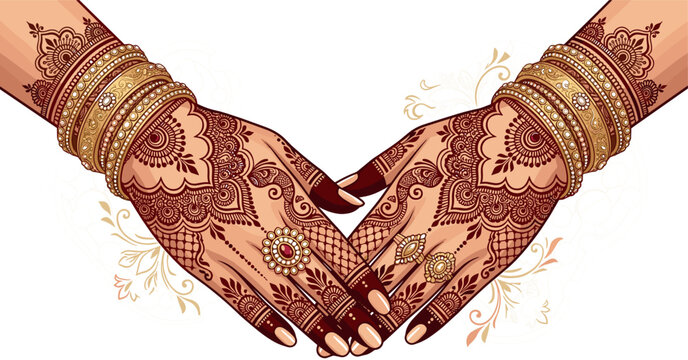 Traditional Indian Bride Hands Vector with Intricate Mehndi Henna Tattoos, Luxury Gold Bangles, and Rings Isolated on White Background for Bridal Wedding Designs