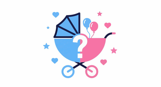A stylized baby stroller, split in blue and pink halves, features a large question mark, with balloons and hearts