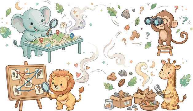 Cute Animal Detectives and Explorers Clipart Collection featuring Baby Elephant, Lion, Monkey, and Giraffe Investigating Clues for Children Educational Activity Graphics