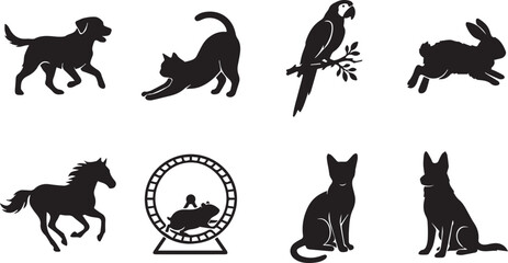 Fototapeta premium Domestic pets and animals silhouettes set featuring dogs cats parrot rabbit horse and hamster running on wheel