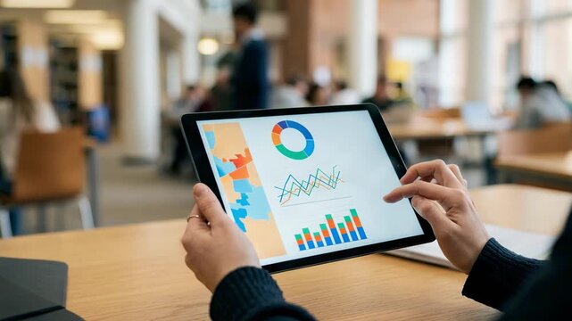 Focused view on a tablet displaying population health risk scores for educational institutions capturing interactive graphs while surrounding environment remains softly blurred.