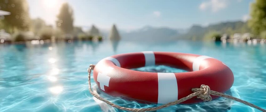 Lifebuoy floating in clear water at poolside during sunny afternoon with trees and mountains in the background