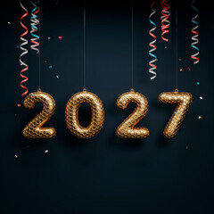 Obraz premium 2027 golden balloons with colorful streamers on black