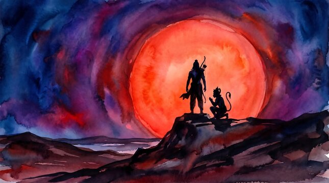 Lord Rama & Hanuman - Witnessing a Cosmic Sun in Watercolor