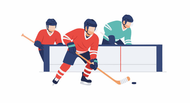 Three stylized hockey players on an ice rink near a dasher board, one in motion