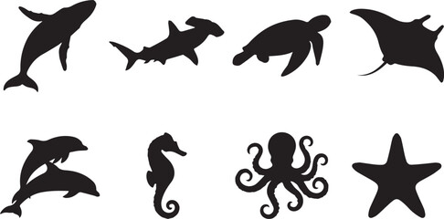 Vector silhouettes of marine animals and sea creatures including whale hammerhead shark sea turtle manta ray dolphins octopus and starfish © MstNajma