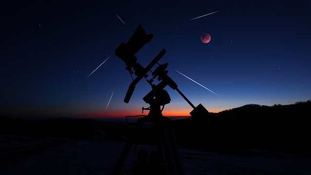 Amateur astrophotography equipment with camera, tripod star-tracker for photographing stars, planets and Moon.