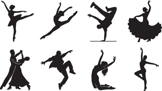 Vector silhouettes of expressive dancers performing diverse styles including ballet breakdance contemporary hip hop flamenco and ballroom dance