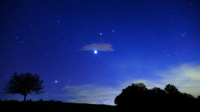 Planet conjunction, Milky Way stars and landscape scenery silhouettes.