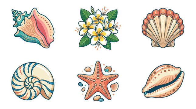 Tropical Seashells and Flowers Collection - Beach and Ocean Icons