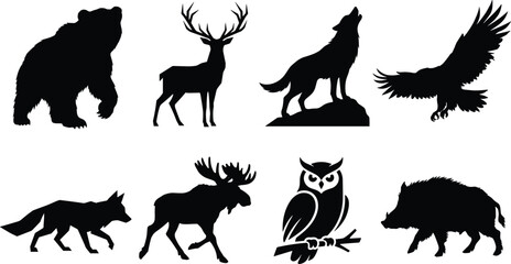 Obraz premium Forest wildlife silhouettes and wild animal vector icons including grizzly bear, deer, howling wolf, flying eagle, fox, moose, owl, and wild boar