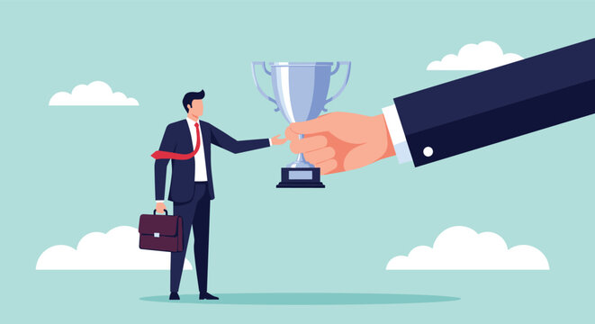 Giant hand presenting a silver trophy to a businessman holding a briefcase, representing recognition, rewards, and professional accomplishment.