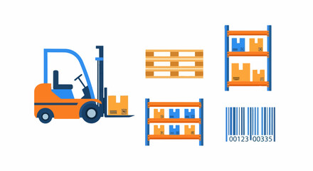 Fototapeta premium Logistics and Warehouse Icon Set Featuring Forklift, Storage Racks, Pallets, and Barcode - Flat Vector Illustration for Supply Chain and Inventory Management