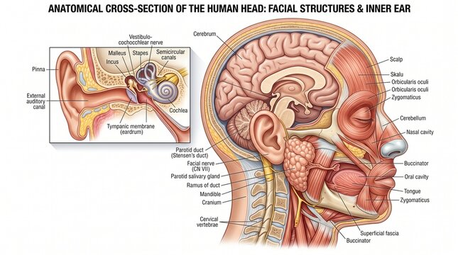 human head facial structures inner ear ear skull brain cerebrum cerebellum nasal cavity oral cavity tongue mandible zygomaticus buccinator parotid gland salivary gland facial nerve