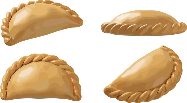 Set of Golden Baked Empanadas in Different Angles, Realistic Pastry Vector Illustration for Bakery and Food Design