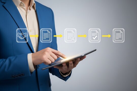Procurement process management concept with digital and paper document approval, contract verification, supplier negotiation, and purchasing operations using laptop.