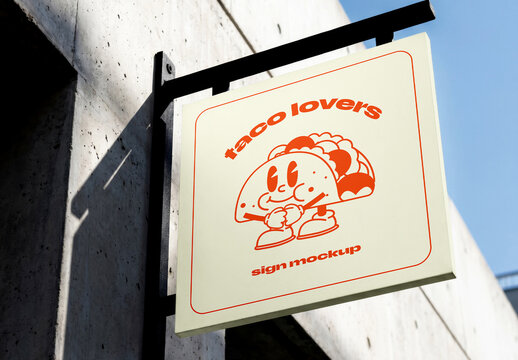 Outdoor Hanging Bracket Sign Mockup on Building Facade