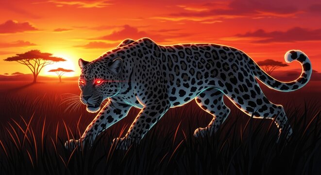 Leopard with glowing red eyes prowling at African sunset.