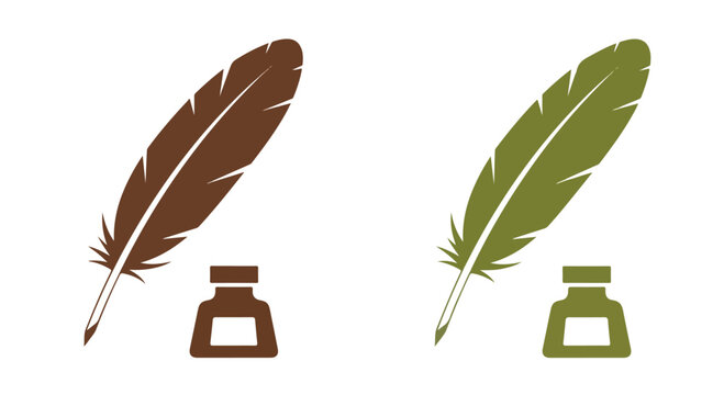 Vintage writing quills and ink pots in brown and green on white background