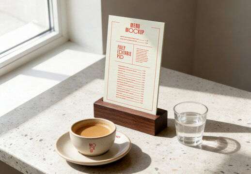 Table Menu Card Holder Mockup with Coffee and Water Glass