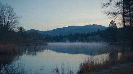 Fototapeta premium Misty lake reflecting mountains at sunrise.