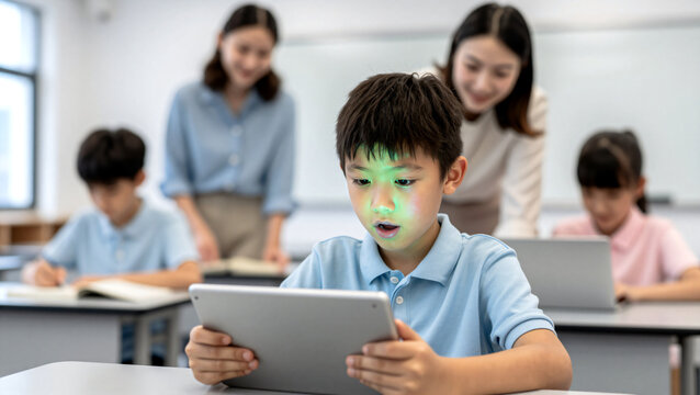 Sch&uuml;ler lernt fasziniert mit einem Tablet im Klassenzimmer