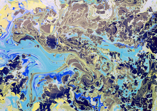 Blue and gold abstract marble texture background with fluid patterns.