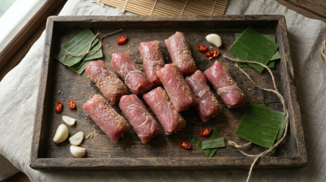 Vietnamese Nem Chua Fermented Pork Rolls on Rustic Wooden Tray