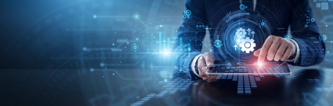 Automation workflow systems. Engineer using tablet to control robotic processes and smart network operations. Optimized industrial productivity and streamlined digital task management tools.