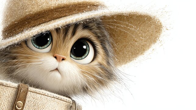 Heroic cartoon cat embarking on a solo expedition, hat slightly tilted, dramatic fur detail, clean white background for poster and banner applications