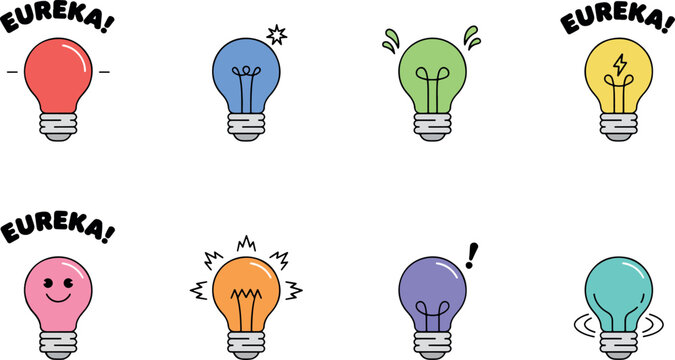 Colorful eureka lightbulb idea icon set