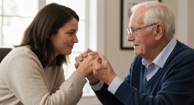 Young woman & elderly man look at each other, holding hands, in a well-lit room
