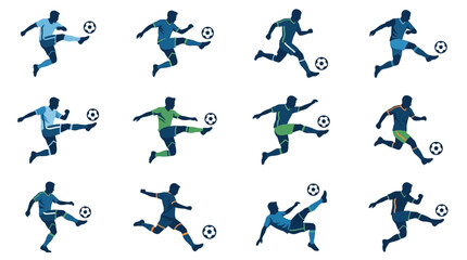 Fototapeta premium Soccer players kicking balls in various poses on field