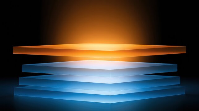 Translucent conductor platform sits above multiple cool blue layers, showing a complex hierarchy in a dark setting with warm tones above.