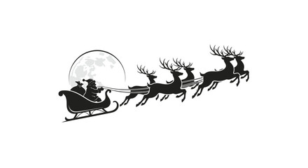 Silhouette of Santa Claus in his sleigh pulled by four flying reindeer with full moon, isolated white background. © wira
