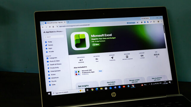 Closeup of a laptop screen displaying the microsoft excel app page on the apple app store website