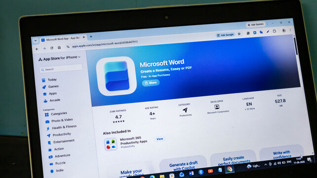 Laptop screen displaying the microsoft word app page on the apple app store website